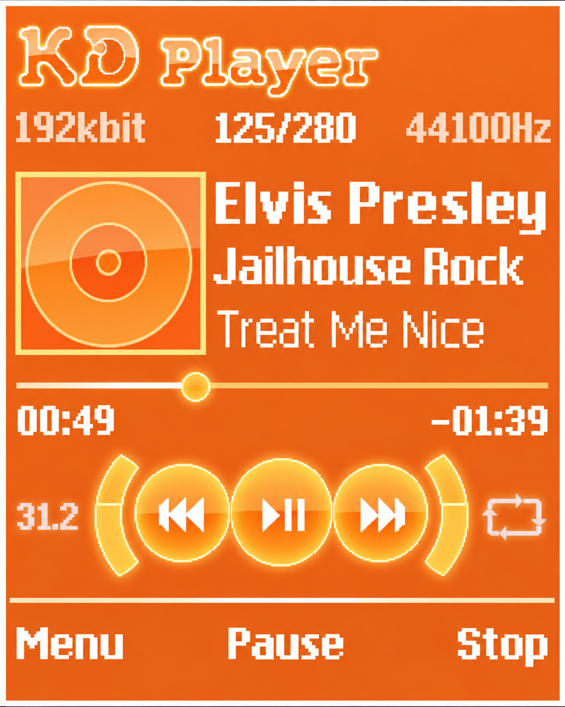 Illustrative orange KD Player playback interface from the Java mobile-phone era.
