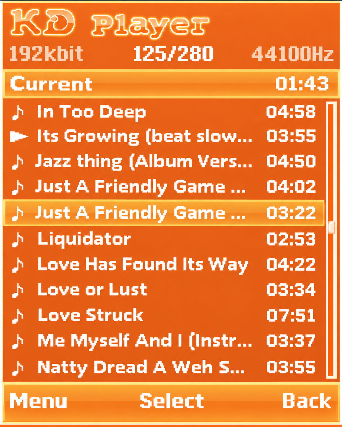 Illustrative orange KD Player music playlist from the Java mobile-phone era.