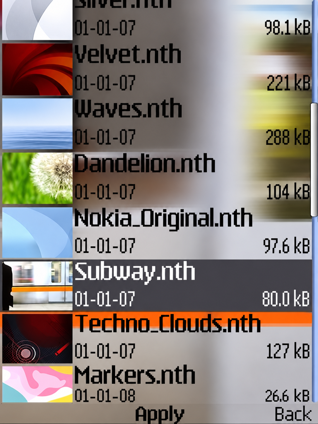 Illustrative Nokia theme selection screen with .nth theme files.