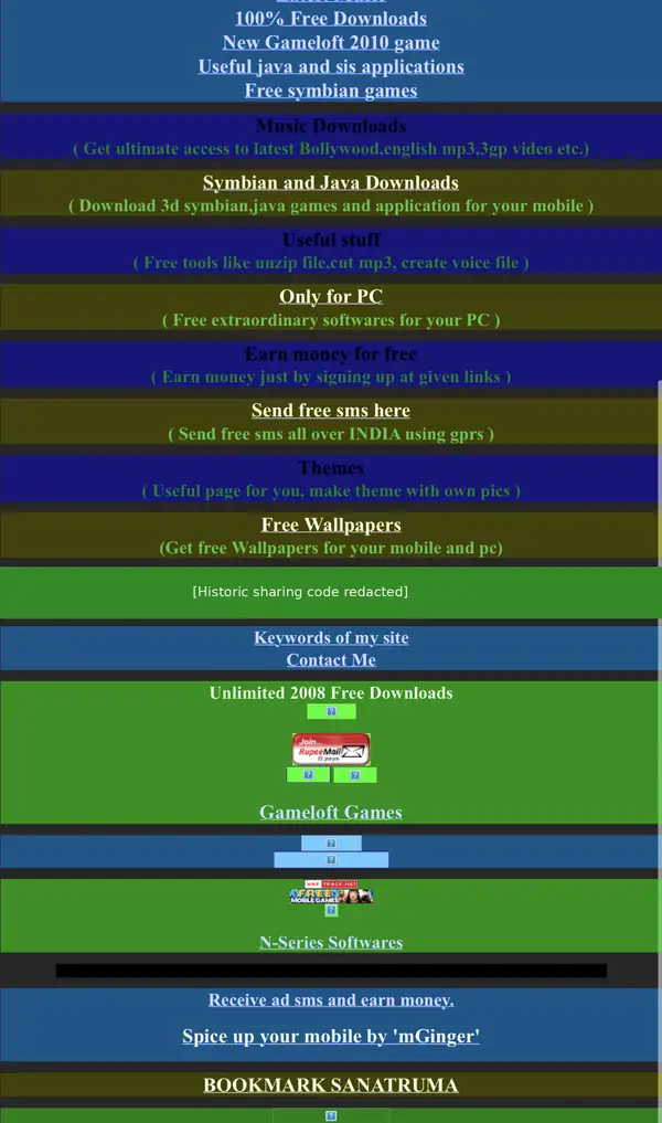 Redacted screenshot of the early SanatRuma site showing colourful lists of Java and Symbian downloads, wallpapers, utilities and mobile links.