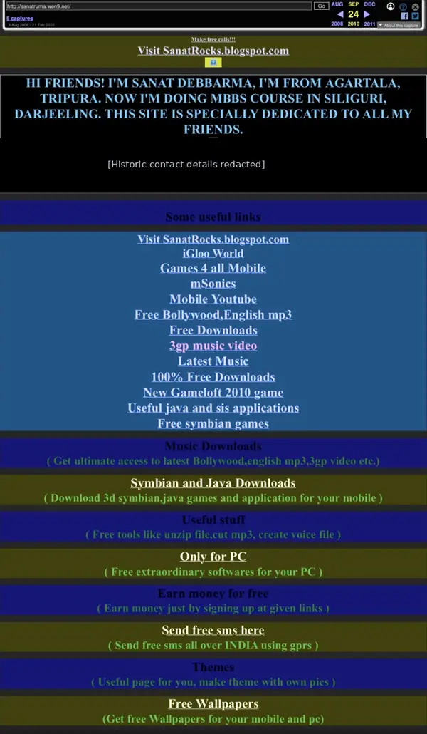 Redacted Internet Archive screenshot showing the 24 September 2010 capture of SanatRuma, its student-era introduction and mobile software links.