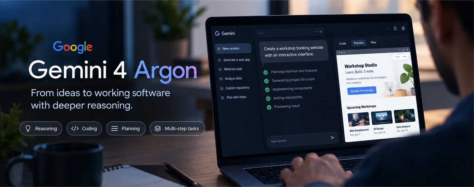 Conceptual illustration of an AI-assisted developer workstation featuring Gemini 4 Argon and coding tasks.