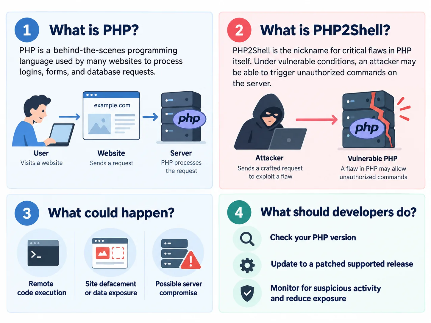 Four-panel conceptual guide explaining PHP, PHP2Shell, possible server compromise and protective steps for developers.