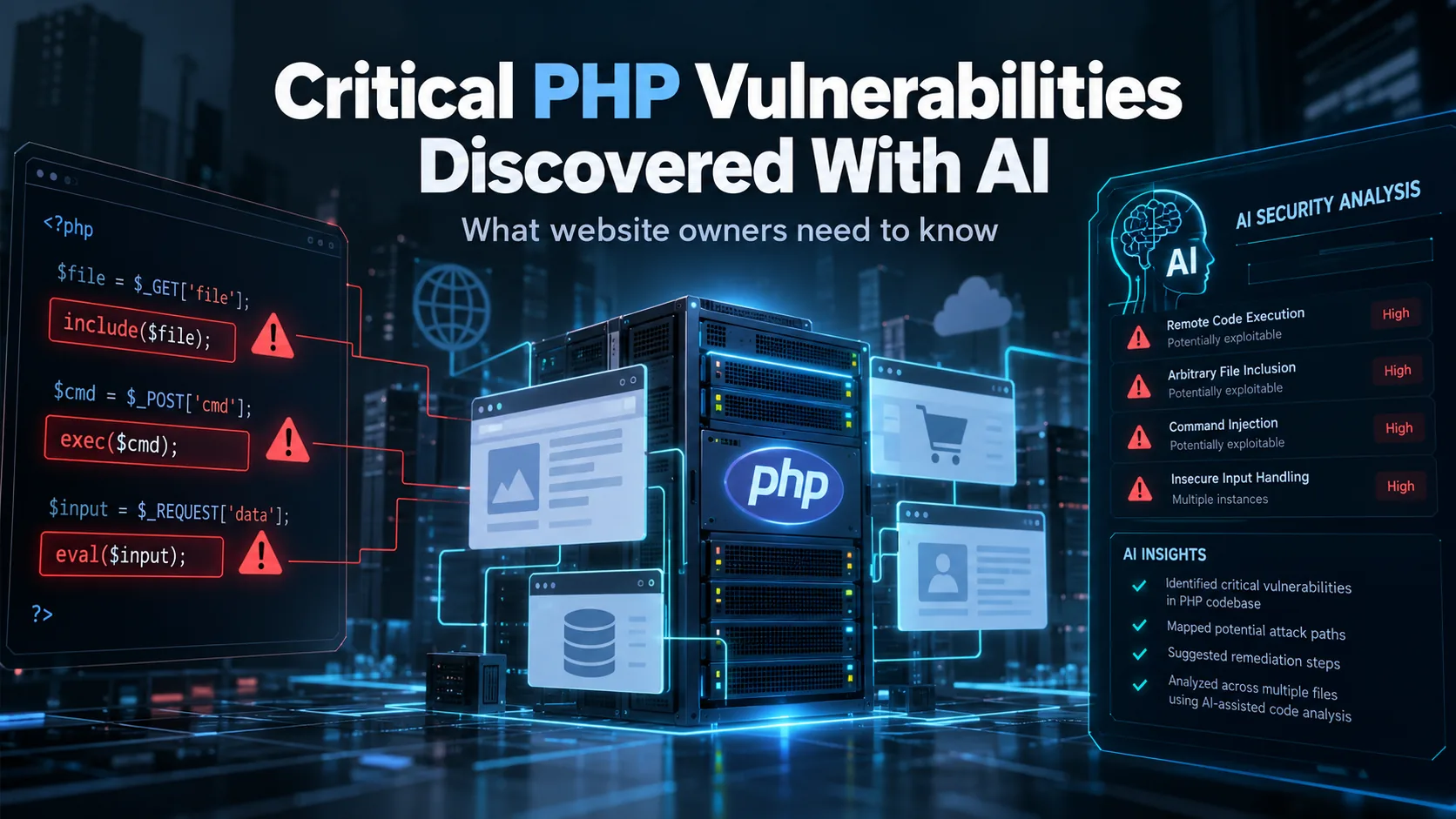 Editorial illustration of a PHP web server, security warnings and AI-assisted vulnerability analysis.